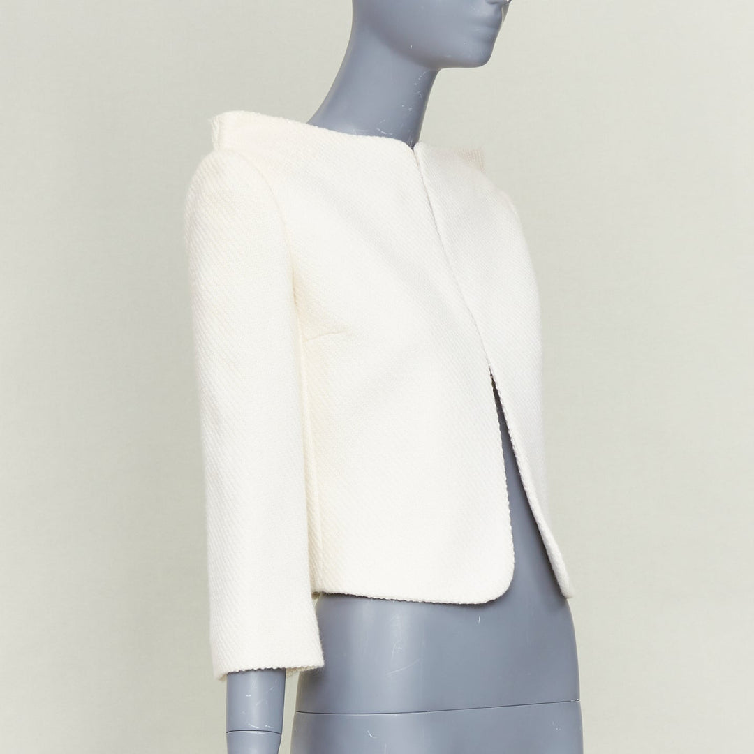 VERONIQUE LEROY 2015 cream textured wool boucle cropped blazer jacket FR36 S