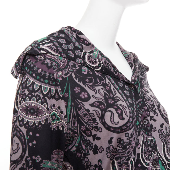 BURBERRY 100% silk black purple green grey paisley print dress shirt M
