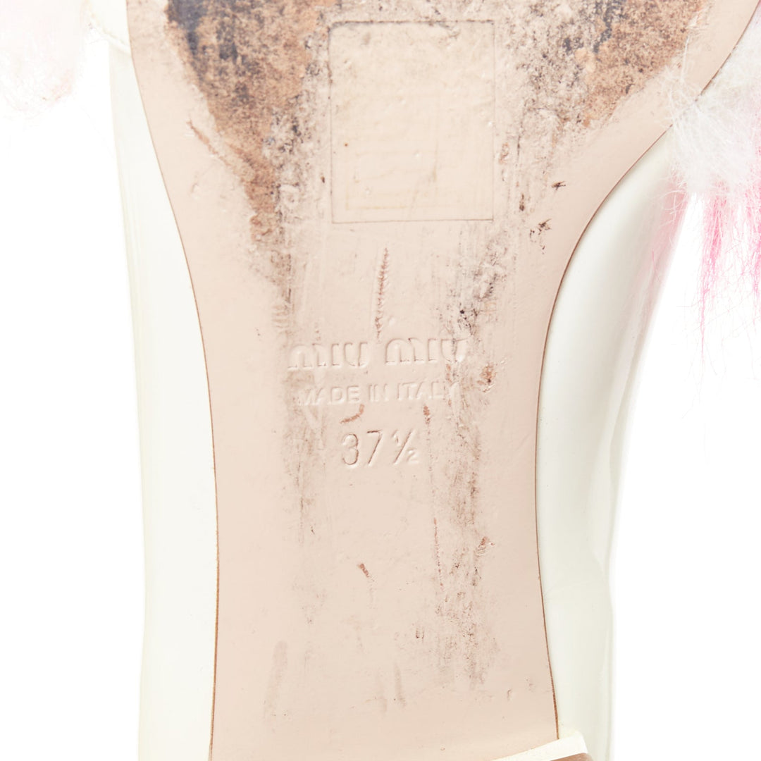 MIU MIU 2017 cream patent white pink faux fur buckle flats EU37.5