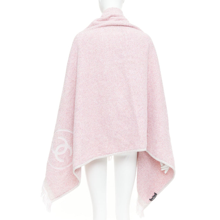 CHANEL Vintage Cruise pink cotton boucle white CC logo fringe trim beach towel