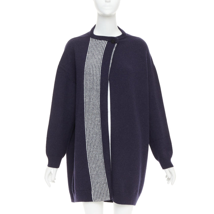 HERMES navy virgin wool white striped oversized knitted cardigan sweater FR34 XS
