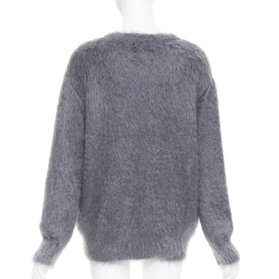 CHRISTIAN DIOR grey mohair silk black graphic fluffy long sleeve sweater FR36 S