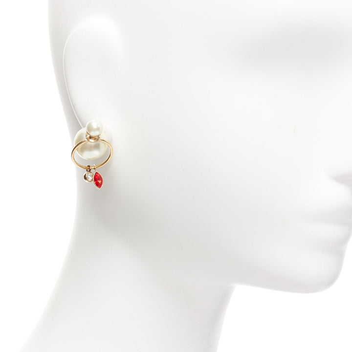 DIOR Tribale double pearl red clear crystal droplets hoop stud earrings pair