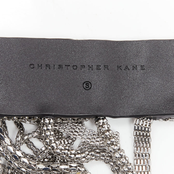 CHRISTOPHER KANE silver multi chain stud front black leather fringe belt S