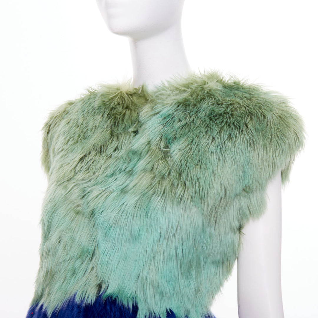 DOLCE GABBANA 2014 Runway colorblock green navy blue alpaca fur dress IT40 S
