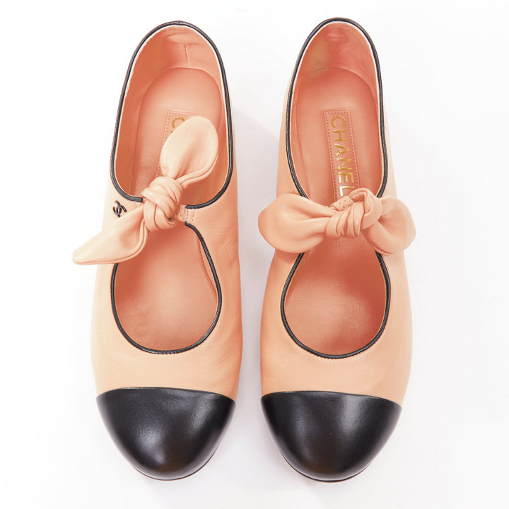 CHANEL 2024 beige lambskin leather ribbon bow CC logo mary jane flats EU40