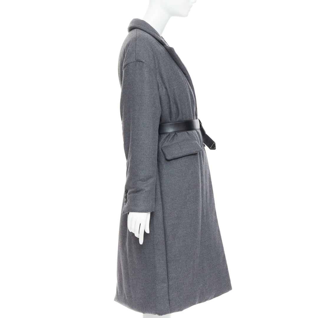 PRADA 2022 grey cashmere wool leather logo belt padded coat IT38 XS