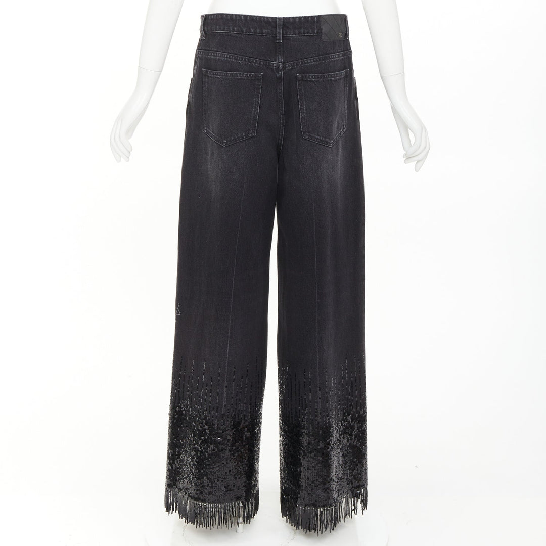 CHANEL 2025 Runway black washed denim sequin fringe wide leg jeans FR40 L