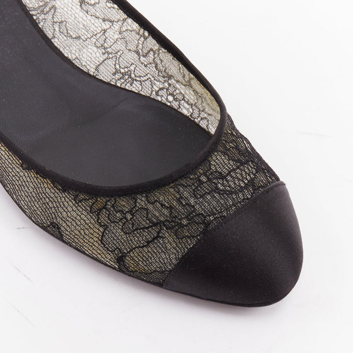 CHANEL black CC logo floral lace satin toe cap nude underlay ballet flats EU37