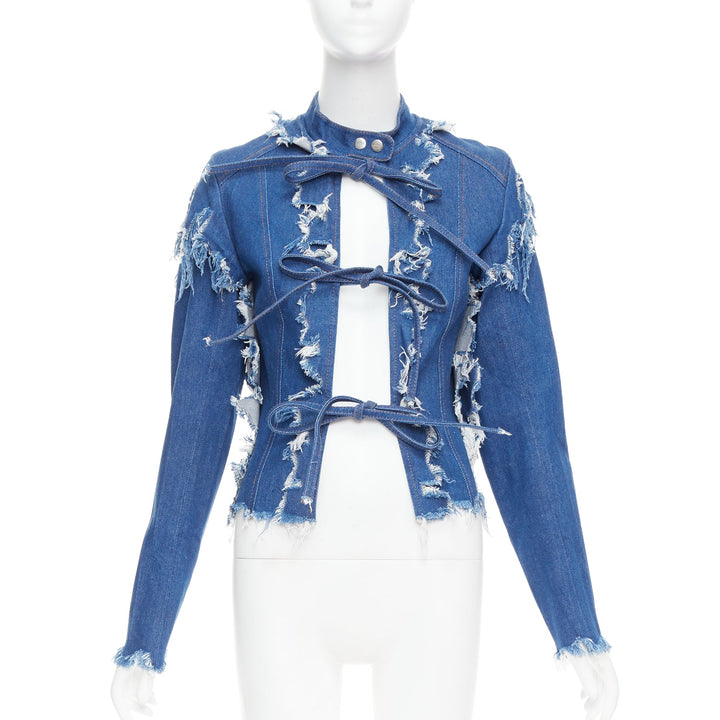 LADO BAKUCHAVA blue distressed shredded denim tie front jacket XS