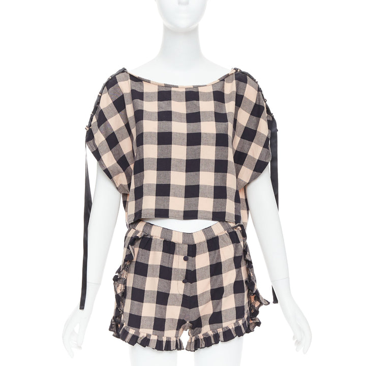 MORGAN LANE peach black cotton ribbon trim checkered top short set P