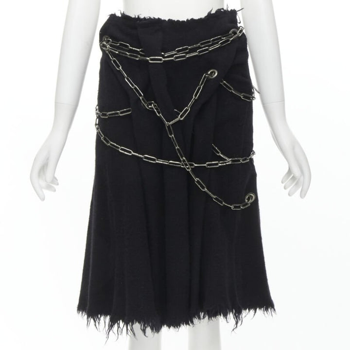 Runway JUNYA WATANABE 2003 black boiled wool frayed punk chain midi skirt S