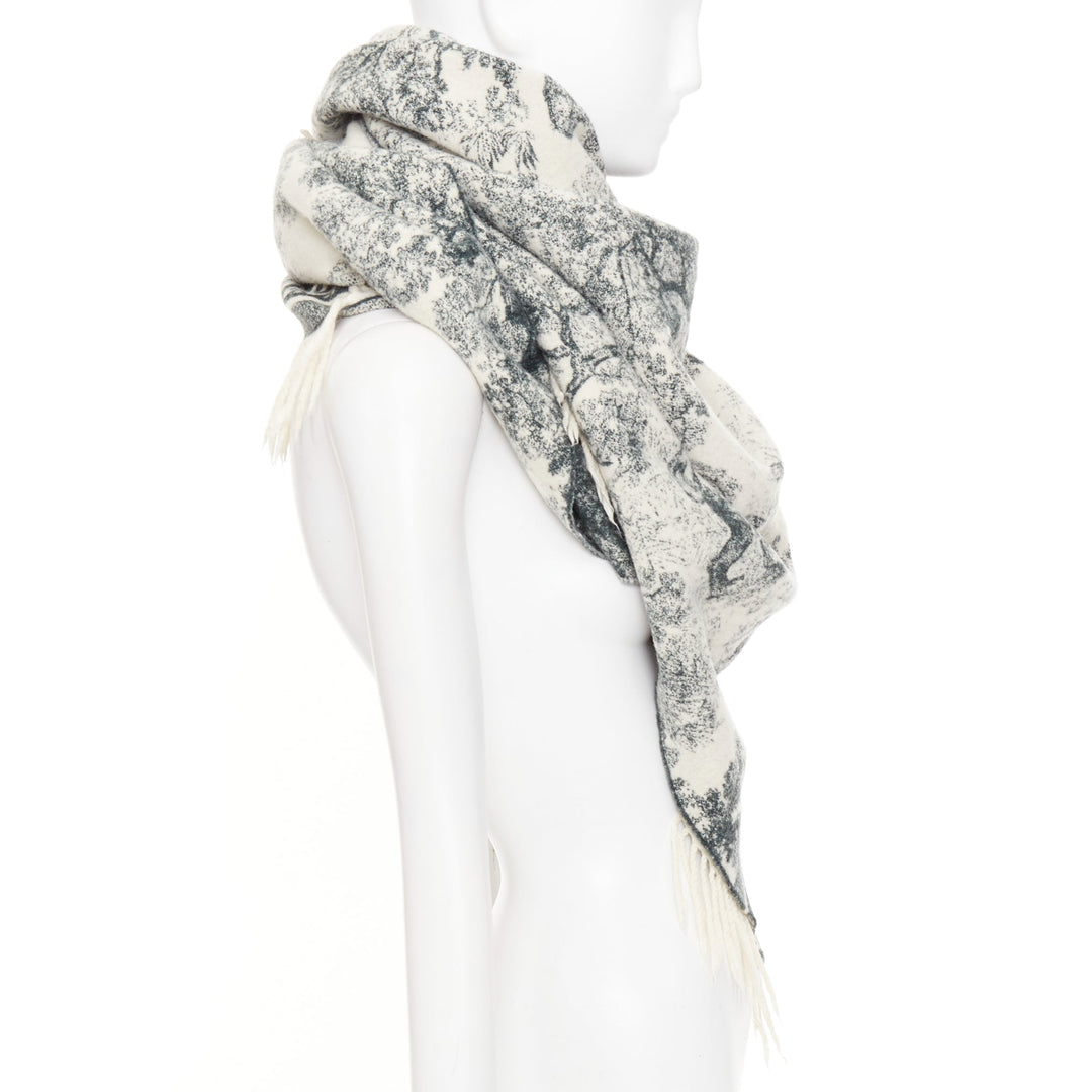 DIOR 2019 Toile De Jouy black cream wool large fringed blanket shawl throw