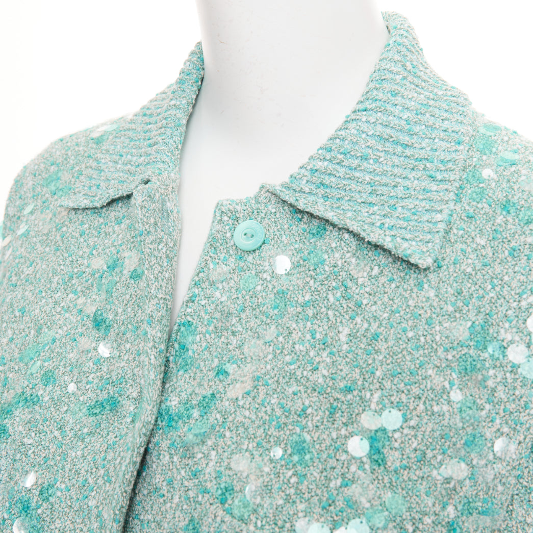 GUCCI 2024 Tweed Blend Polo acid turquoise sequin knit cardigan S