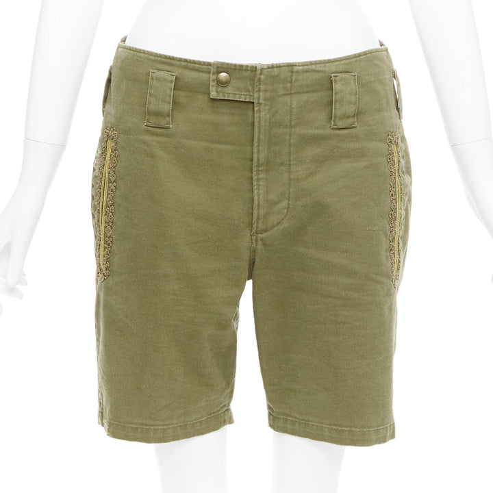 SAINT LAURENT 2018 green gold cotton ramie embroidered military shorts FR36 S