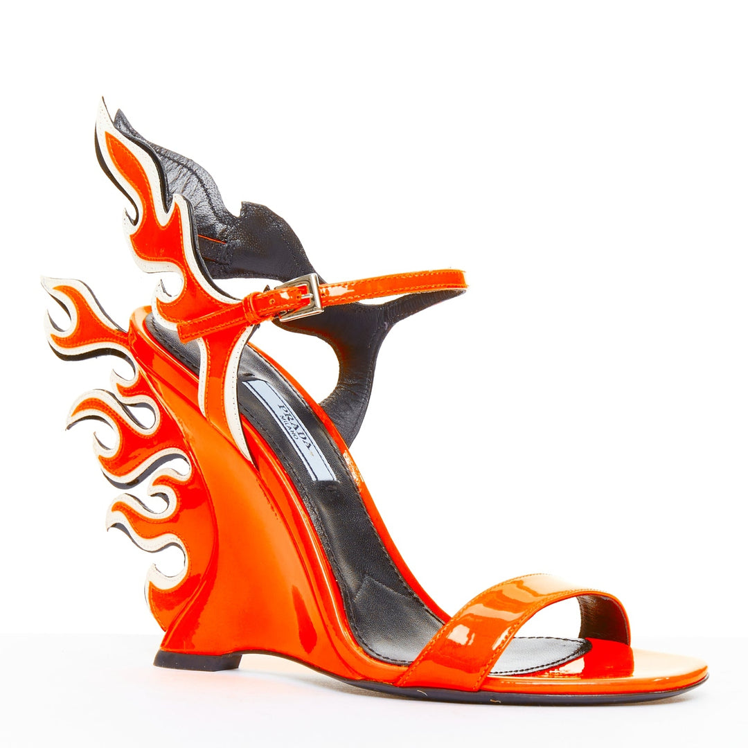 rare PRADA 2018 Flame Wedge neon orange patent Fire heel sandal EU37.5