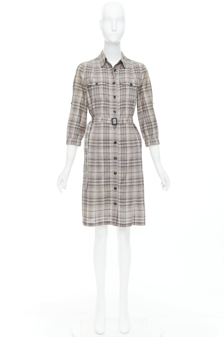 BURBERRY House Check beige cotton cowhide belted shirt dress IT38 XS