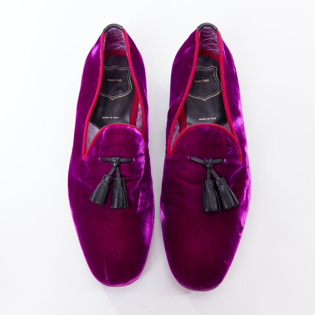 TOM FORD Le Smoking purple velvet black leather tassel loafers US10T EU43