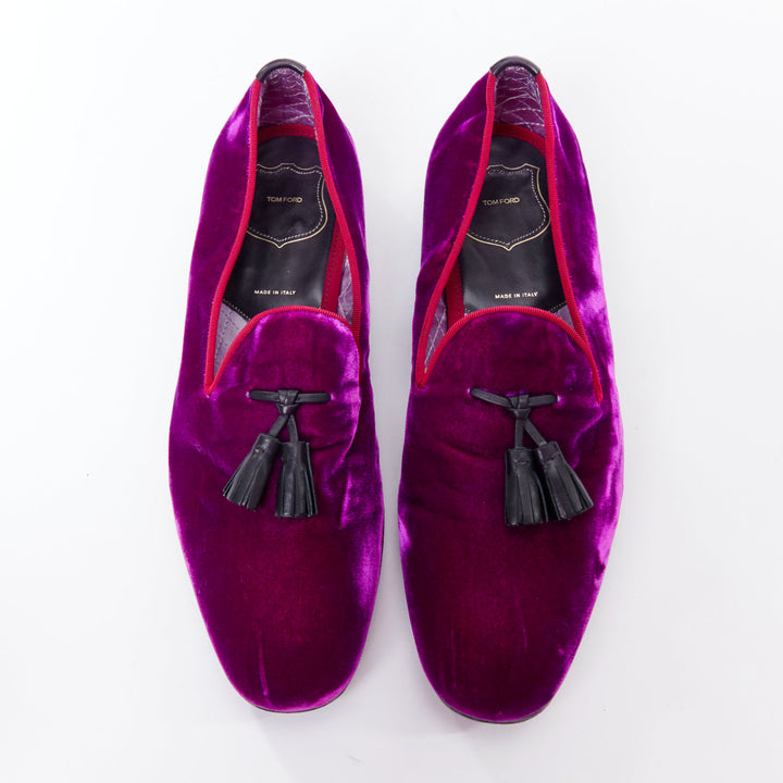 TOM FORD Le Smoking purple velvet black leather tassel loafers US10T EU43