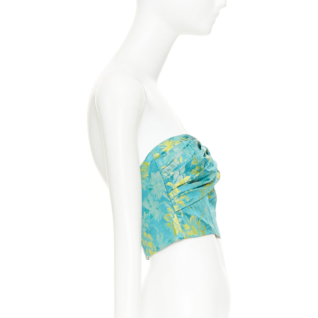 PRADA 2018 green yellow silk floral jacquard ruched corset bandeau top IT38 XS