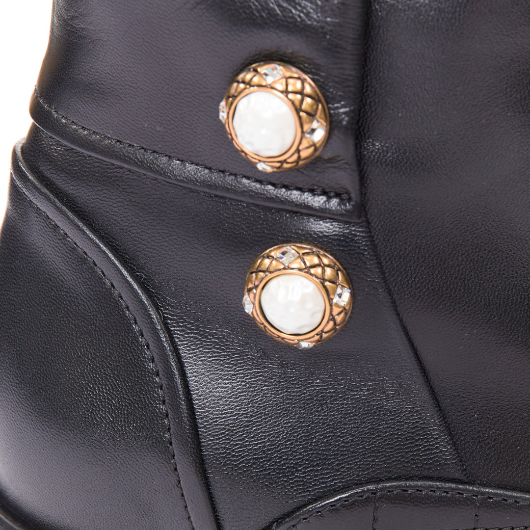 CHANEL 17A Paris Cosmopolite black lamb quilted pearl button ankle boots EU39.5