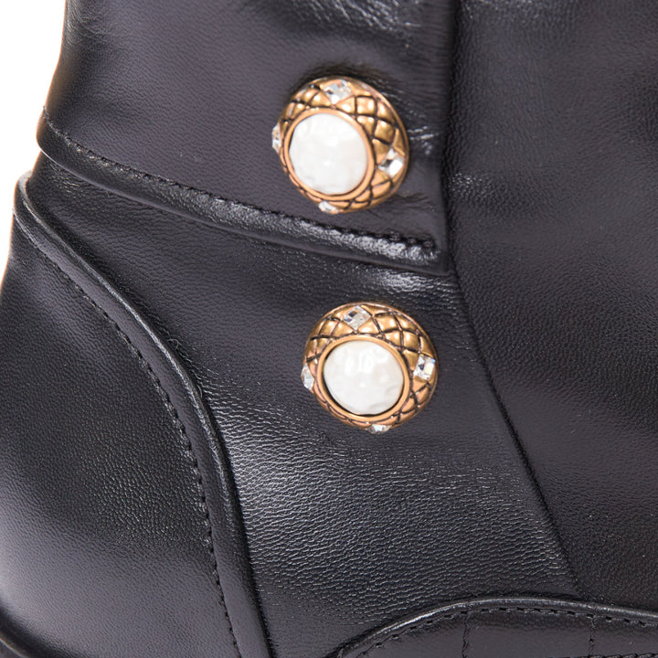 CHANEL 17A Paris Cosmopolite black lamb quilted pearl button ankle boots EU39.5