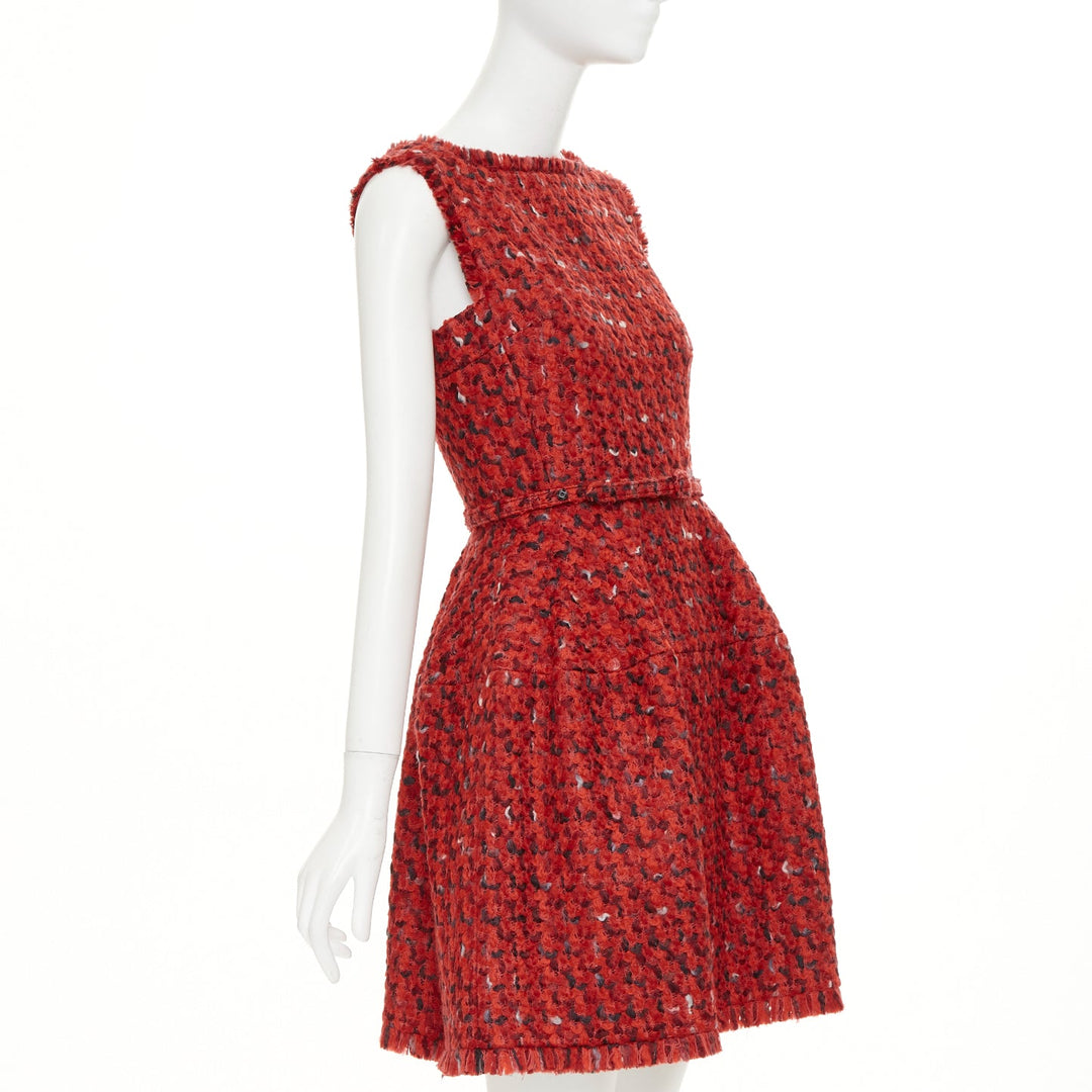 OSCAR DE LA RENTA F17 Boucle tweed red wool cotton silk lined flare dress US6 M