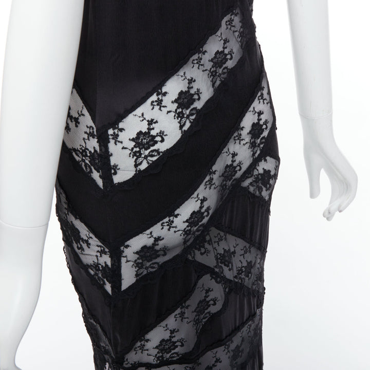 SIR THE LABEL Aries 100% silk black sheer lace panel diagonal slip dress US0 XS
