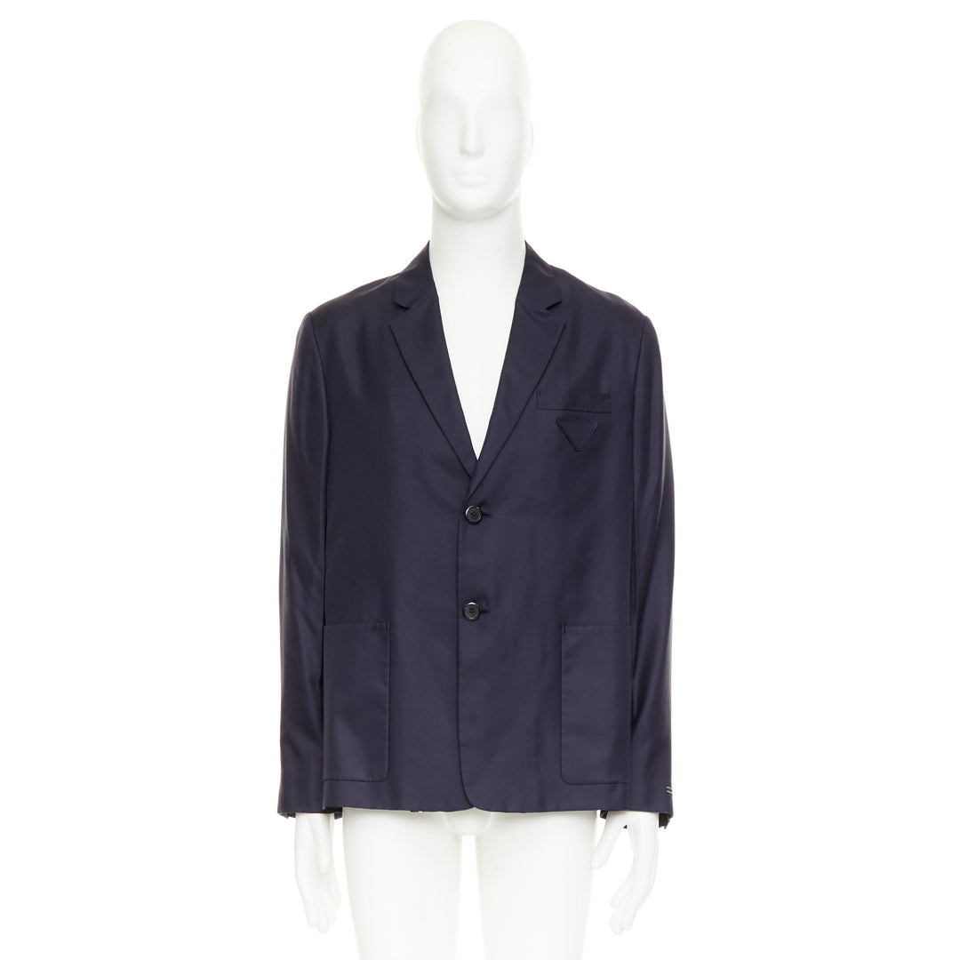 PRADA 2021 100% silk navy tonal triangle patch single breasted blazer IT48 M