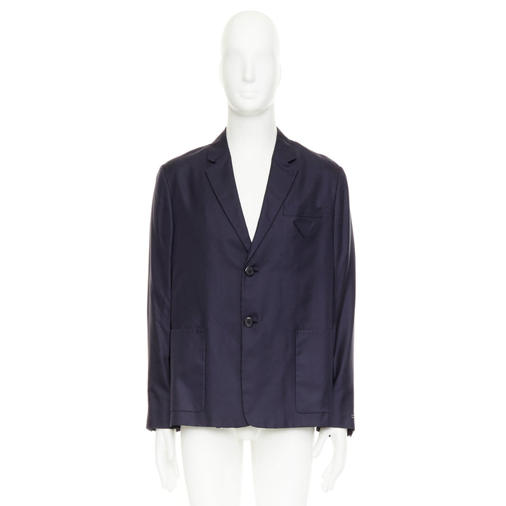 PRADA 2021 100% silk navy tonal triangle patch single breasted blazer IT48 M