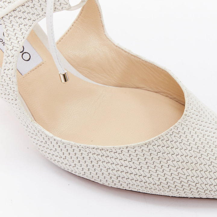 JIMMY CHOO Vanessa white textured suede leather tie bridal pump EU38.5