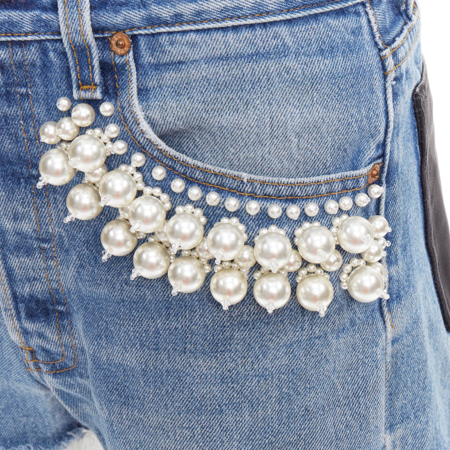 rare MIU MIU LEVI'S 2021 washed denim pearl embellished cut off shorts 25"