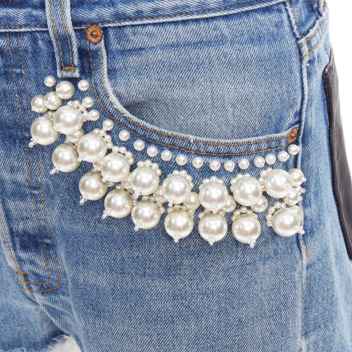 rare MIU MIU LEVI'S 2021 washed denim pearl embellished cut off shorts 25"