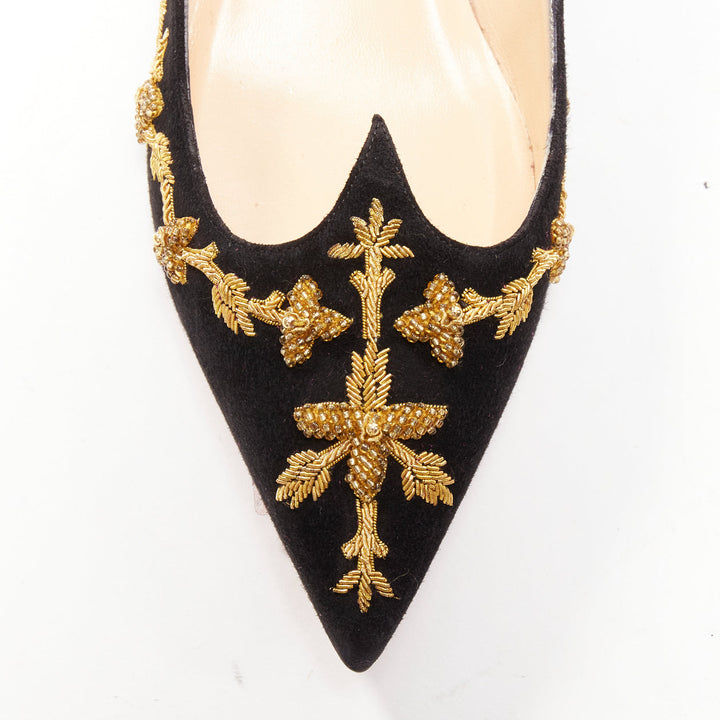 CHRISTIAN LOUBOUTIN black gold embroidery suede leather pointy flats EU35.5