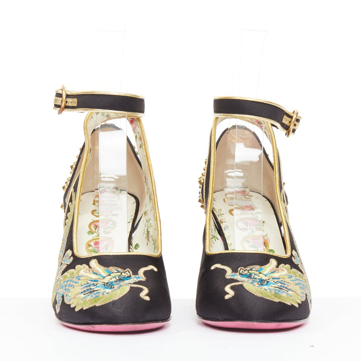 GUCCI 2017 Runway Caspar dragon embroidered spike ankle strap pump heels EU36