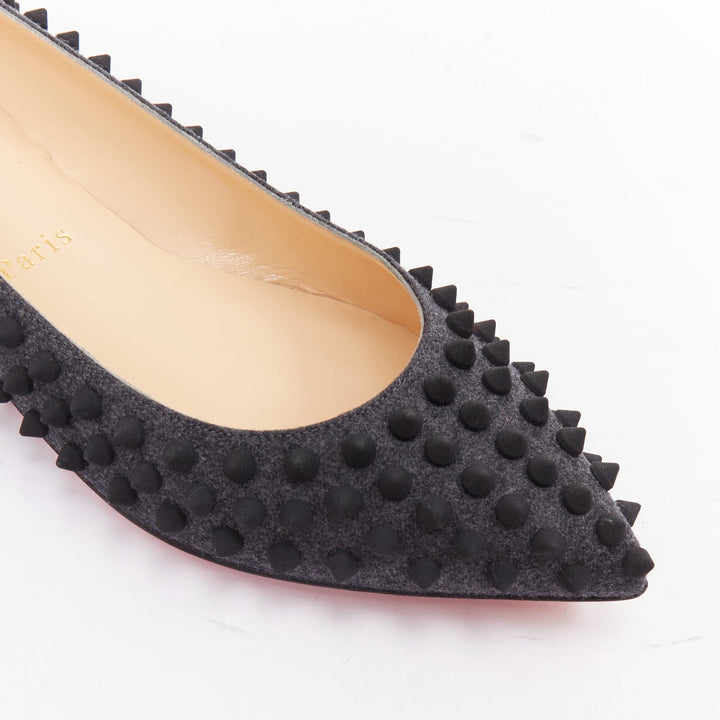 CHRISTIAN LOUBOUTIN Pigalle Spikes Flat grey flannel studded ballerina EU37.5