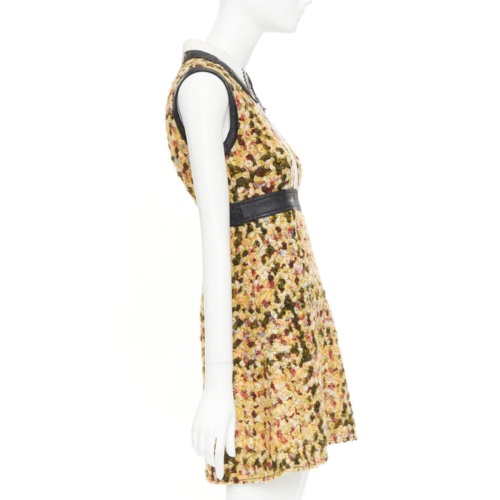 LOUIS VUITTON 2014 Runway yellow quilted tweed boucle black patent dress FR38 M