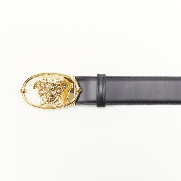 VERSACE La Medusa Insignia gold oval buckle black leather belt 95cm 36-40"