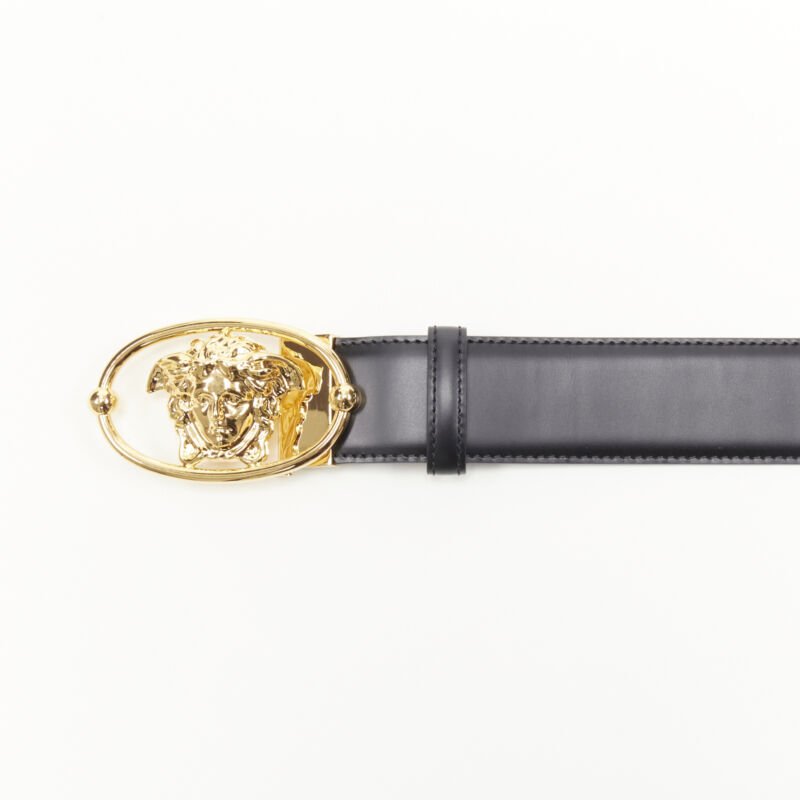 VERSACE La Medusa Insignia gold oval buckle black leather belt 110cm 42-46"