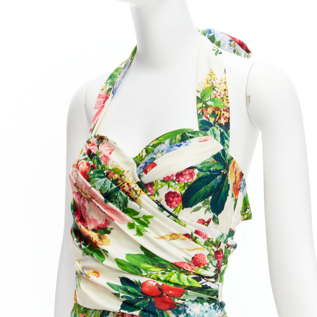 DOLCE GABBANA 2014 Runway floral silk blend ruched halter dress IT38 XS