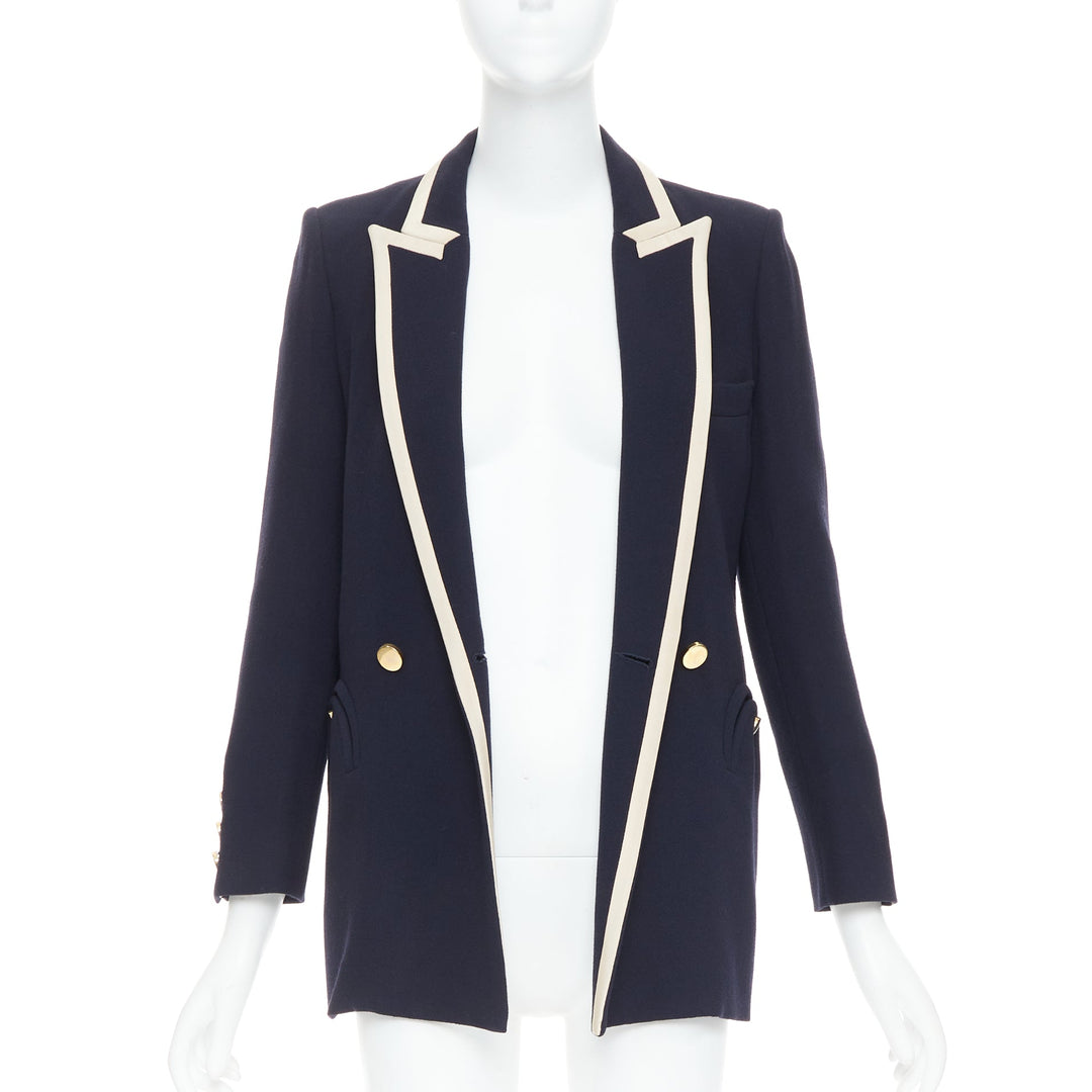 BLAZE MILANO Everyday navy virgin wool cream silk curved pocket blazer US0 XS