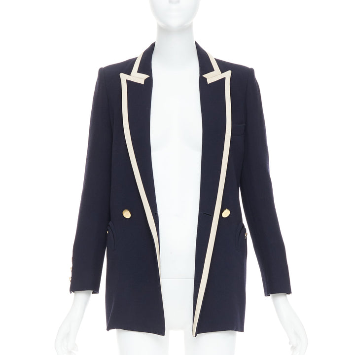 BLAZE MILANO Everyday navy virgin wool cream silk curved pocket blazer US0 XS