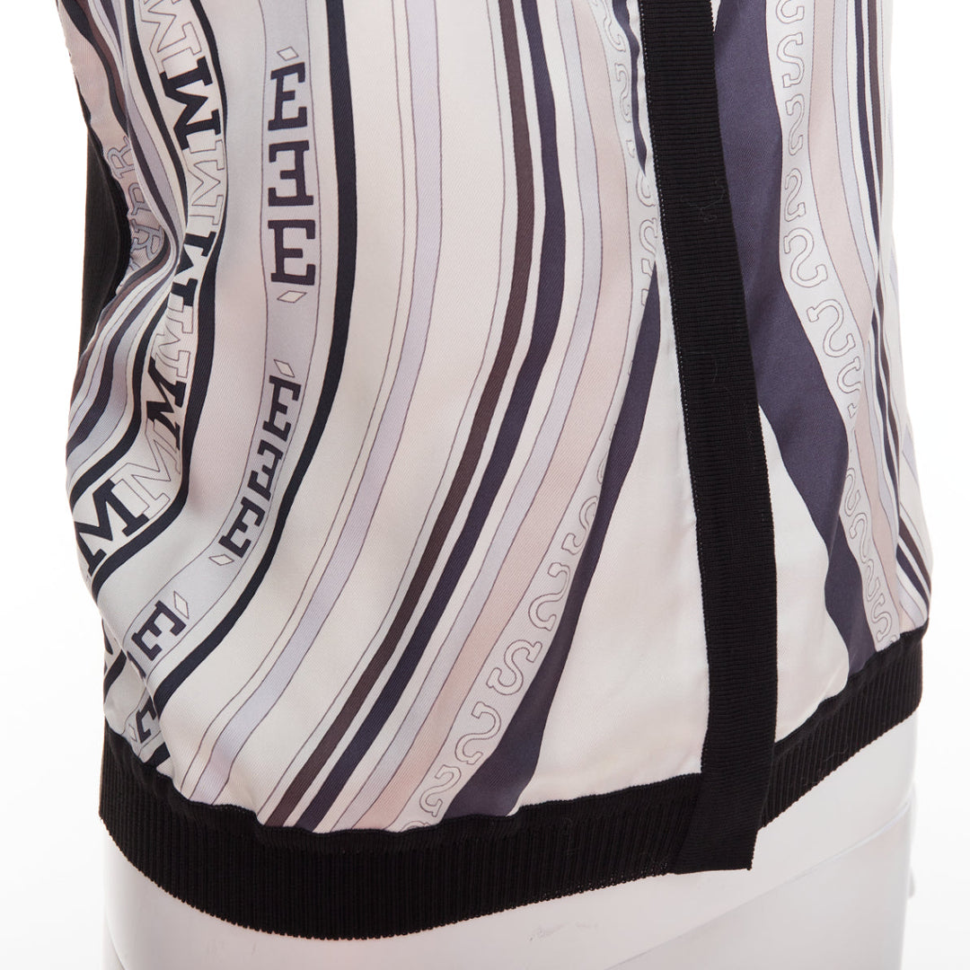 HERMES cream black 100% silk scarf panel cotton ribbed cardigan S