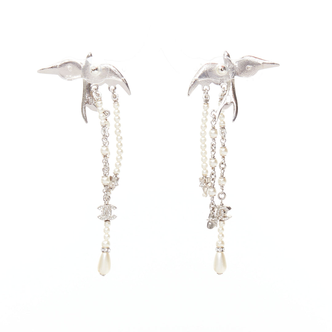 CHANEL C25S Swallow silver tone glass pearls rhinestones drop earrings Pair