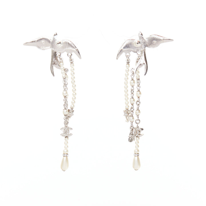 CHANEL C25S Swallow silver tone glass pearls rhinestones drop earrings Pair