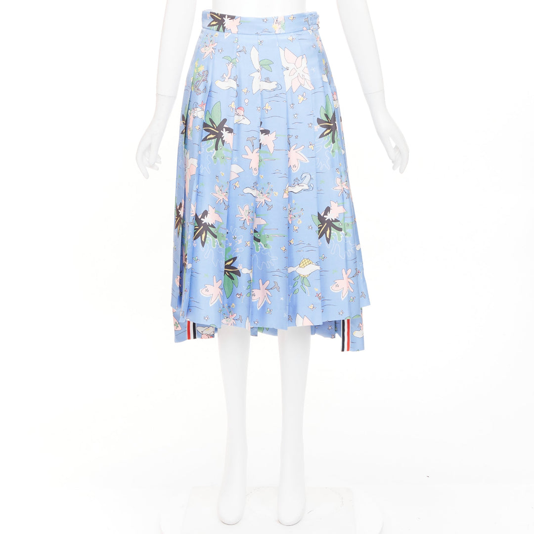 THOM BROWNE blue cartoon beach island pleated side slit raw silk skirt IT38 XS