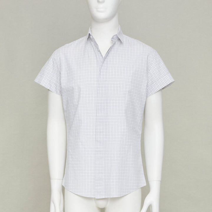 DIOR HOMME grey pinstripe grid cotton poplin short sleeve dress shirt EU39 M