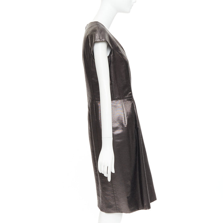YVES SAINT LAURENT 2009 bronze metallic look V neck sheath dress FR40 S