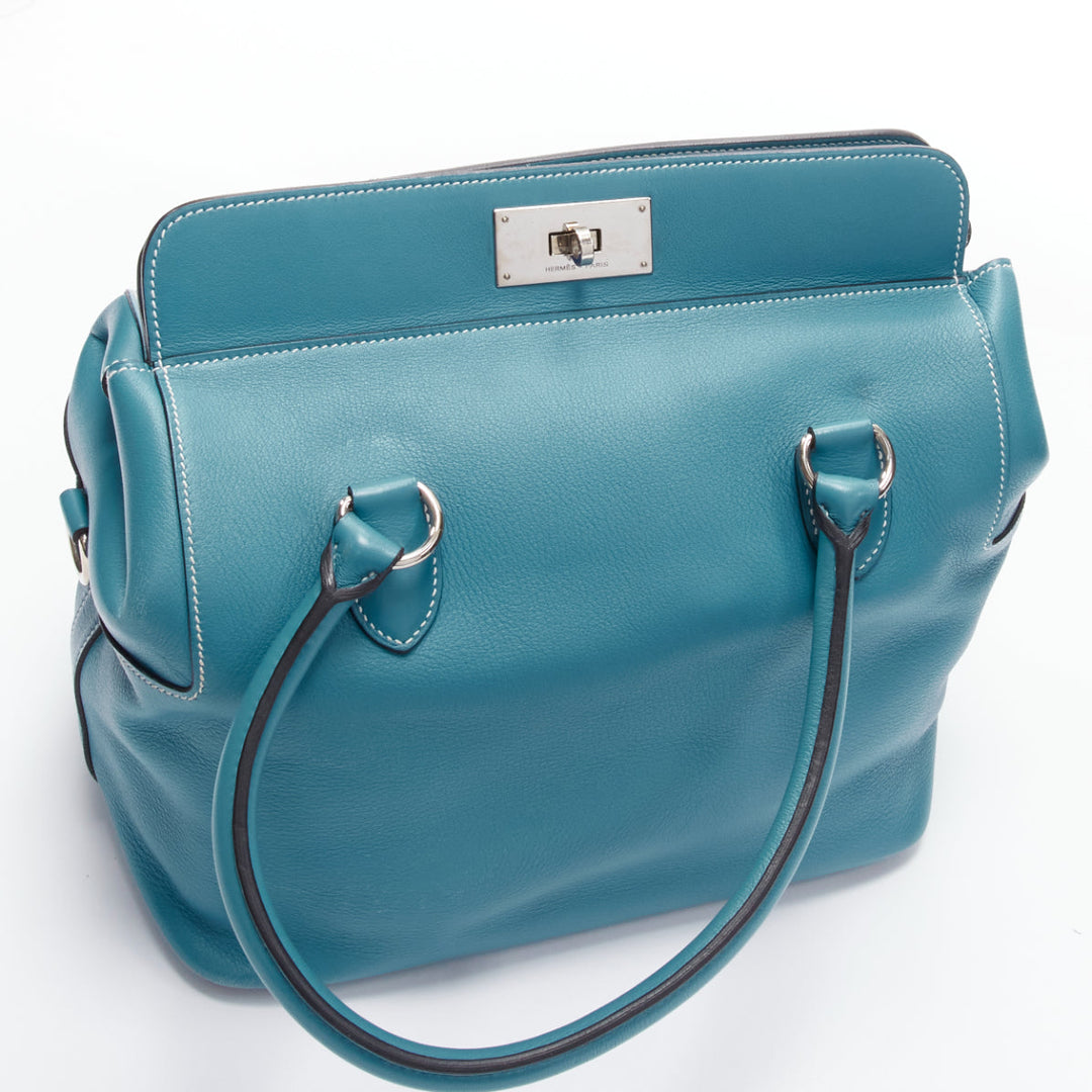 HERMES Toolbox 26 teal blue grained leather SHW top handle satchel