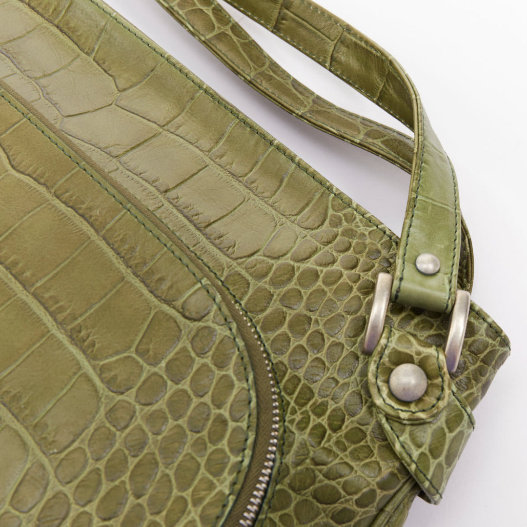 MARNI olive green croc embossed leather front zip pocket satchel bag